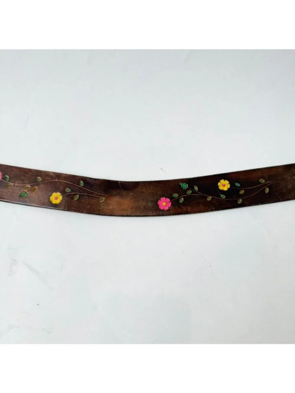 Vintage Hand Painted Floral Leather Belt Brown Brass Buckle Men's Size 30